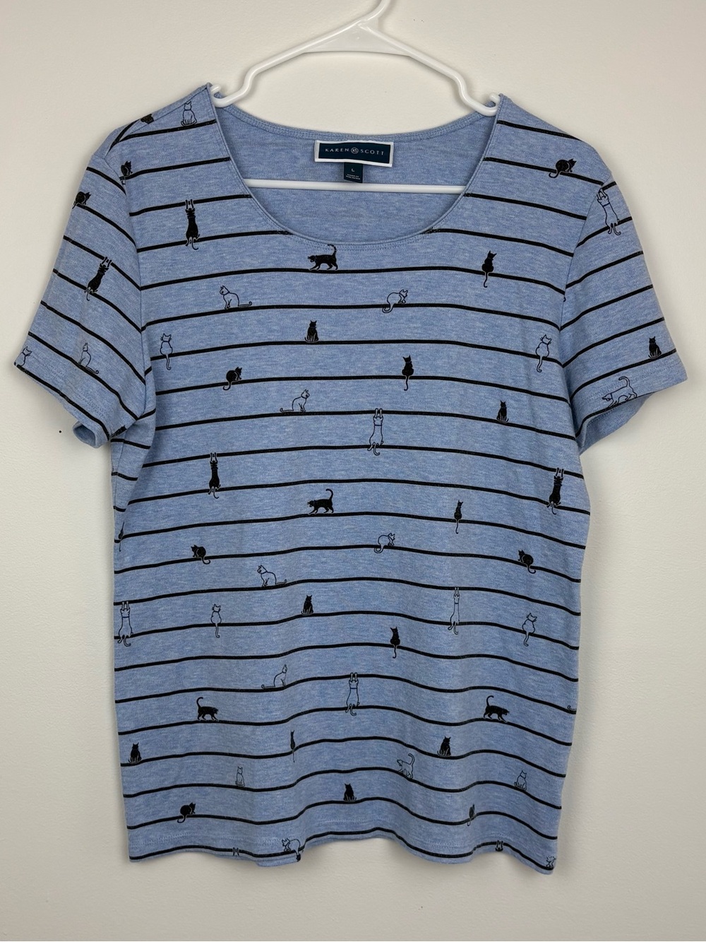 Karen Scott Blue Striped Short-Sleeve Tee w/ Cat Motif Large Twee Grannycore